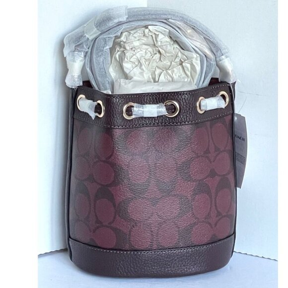 Coach Dempsey CO072 Drawstring Bucket Bag 15 Oxblood Red Leather Crossbody - Picture 4 of 10